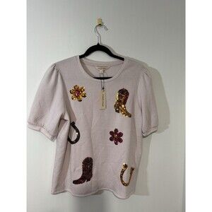 mesh+love Light Pink Sequin Floral Crew Neck Puff Sleeve T-Shirt Women's M